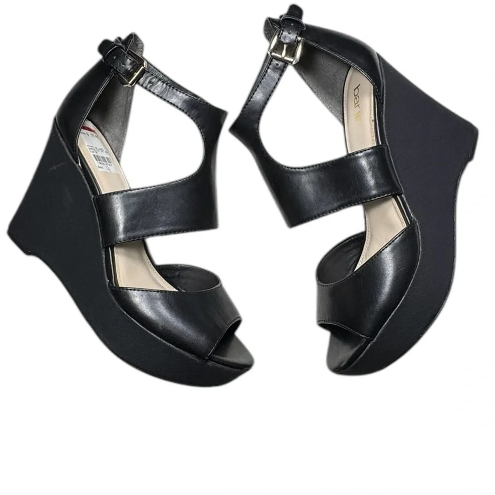 Bar III Sophie Black Faux Leather Open Toe Wedge Platform Sandal Size 9